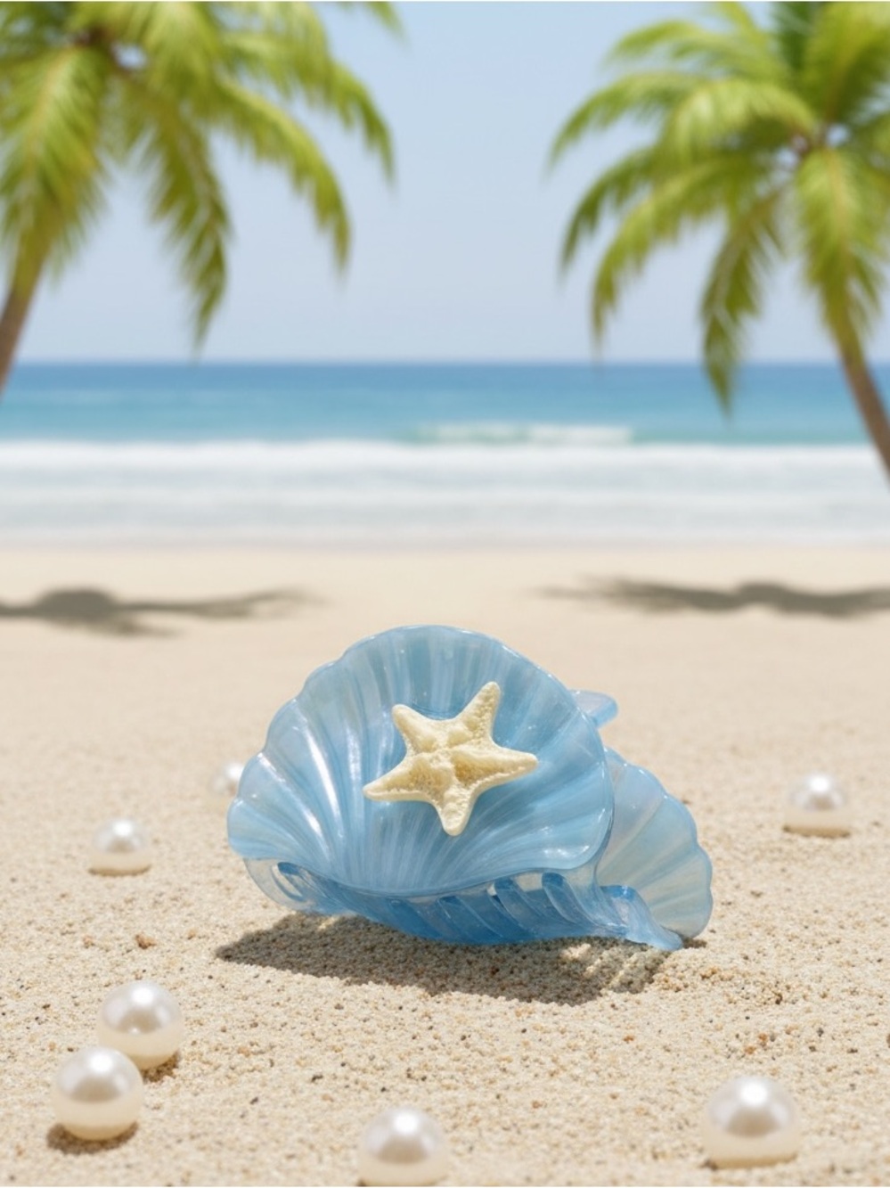 Light Blue Clam Shell Seashell Double Sided Starfish 3.5" Lobster Claw Hair Clip